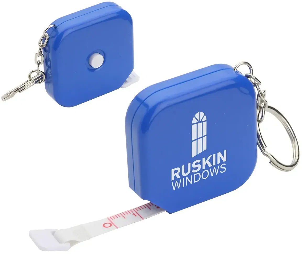 Custom Auto-Lock tape measure with blade extended showing markings, branded promotional tool angled view