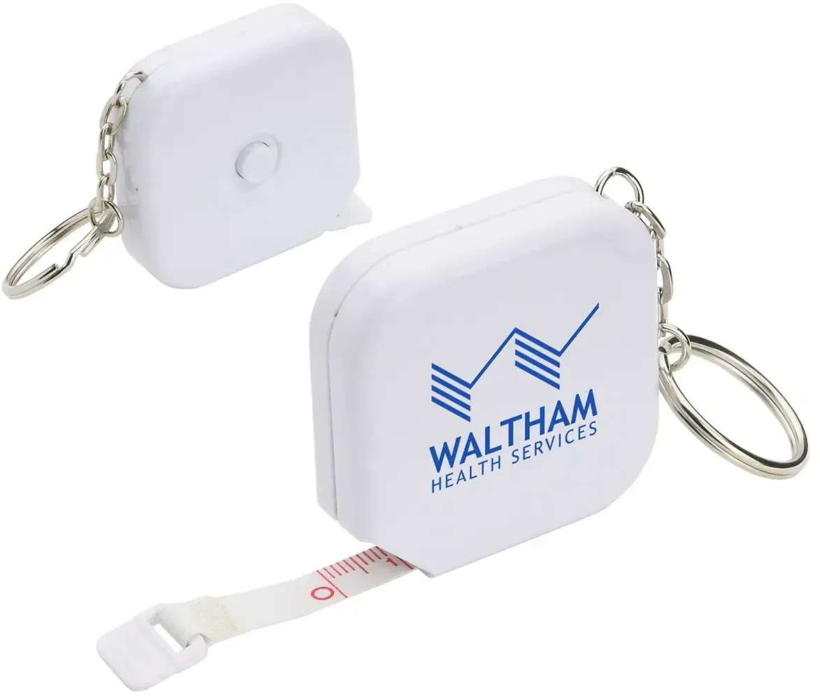 Branded Auto-Lock keychain tape measure close-up of the imprint area and keyring, custom promotional tool