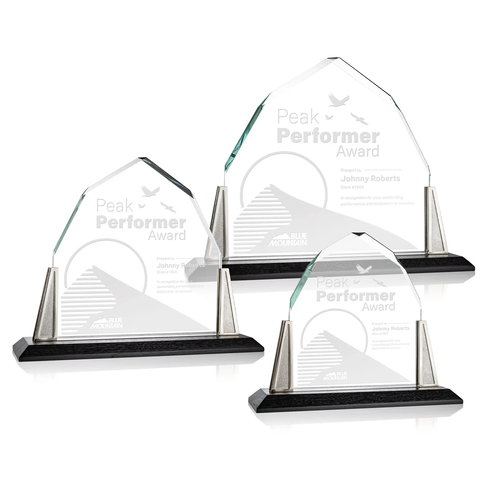 Custom Peaked Starfire Crystal Award with Pewter Angle Posts, metal awards for employee recognition