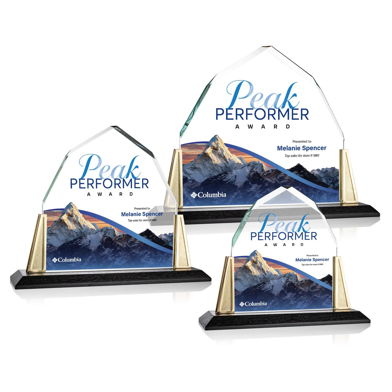 Custom Peaked Starfire Crystal Award with Pewter Angle Posts, metal awards for volunteer appreciation