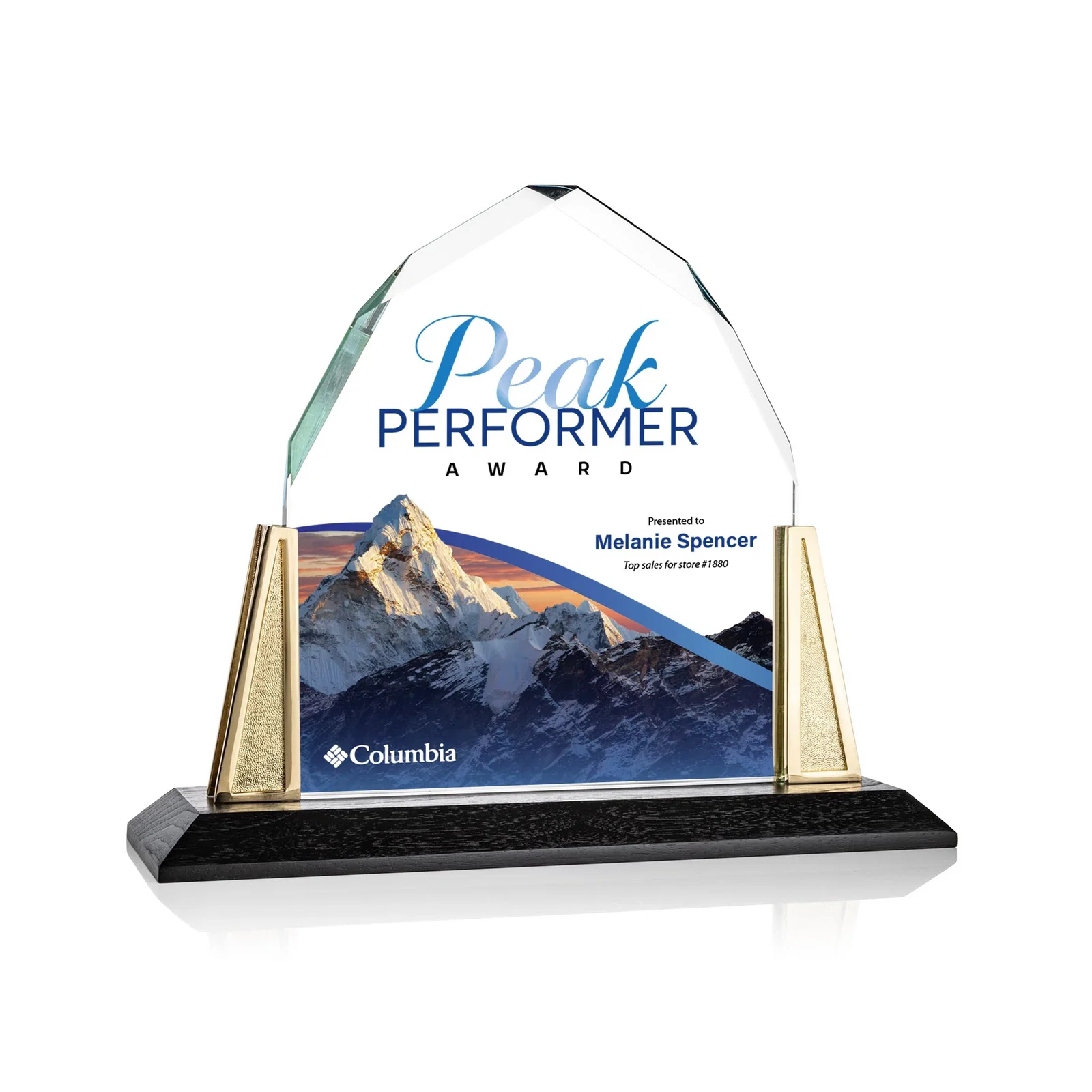 Custom Peaked Starfire Crystal Award with Pewter Angle Posts, metal awards for dealer and partner awards