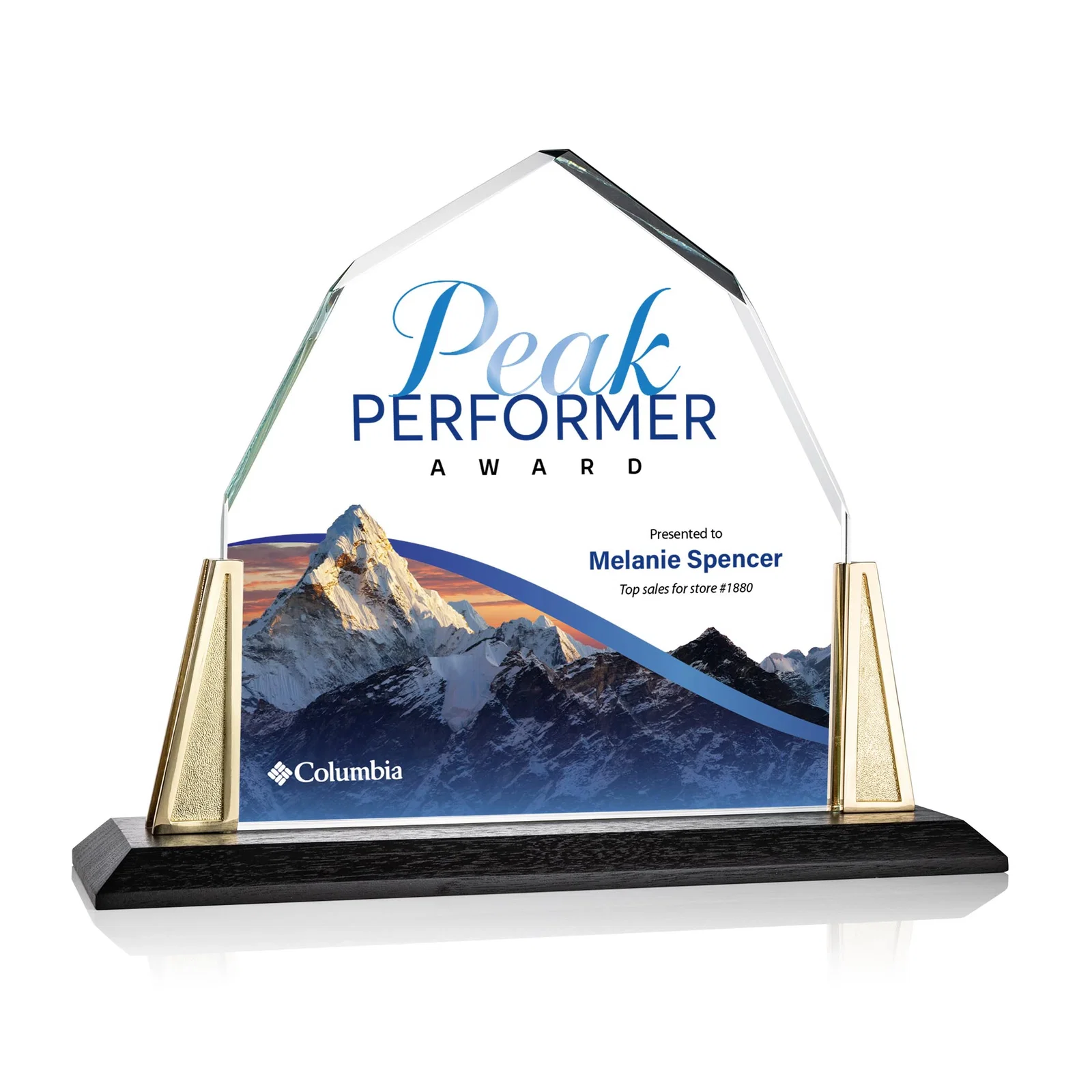 Custom Peaked Starfire Crystal Award with Pewter Angle Posts, metal awards for company anniversary events
