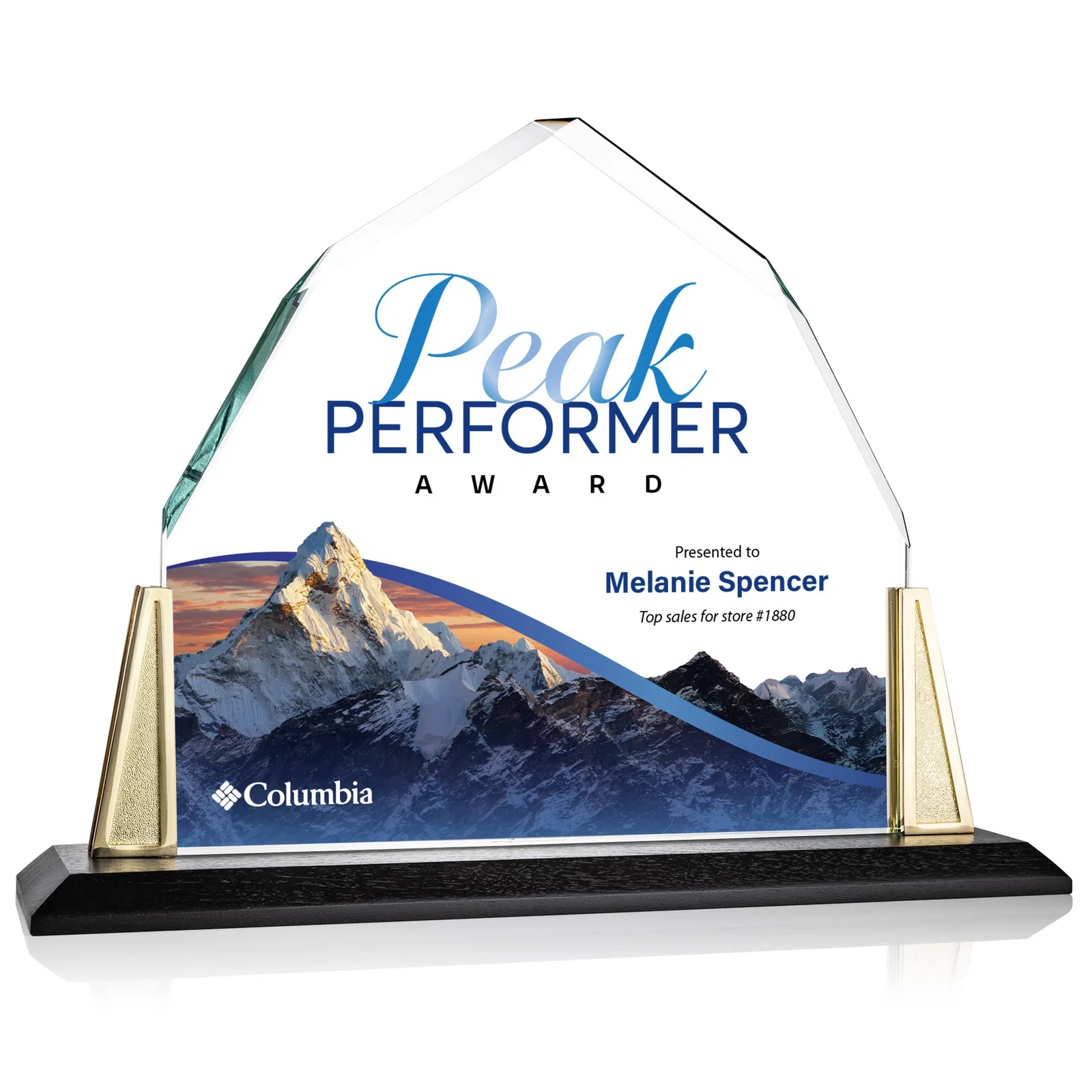 Personalized Peaked Starfire Crystal Award with Pewter Angle Posts, metal awards for employee recognition