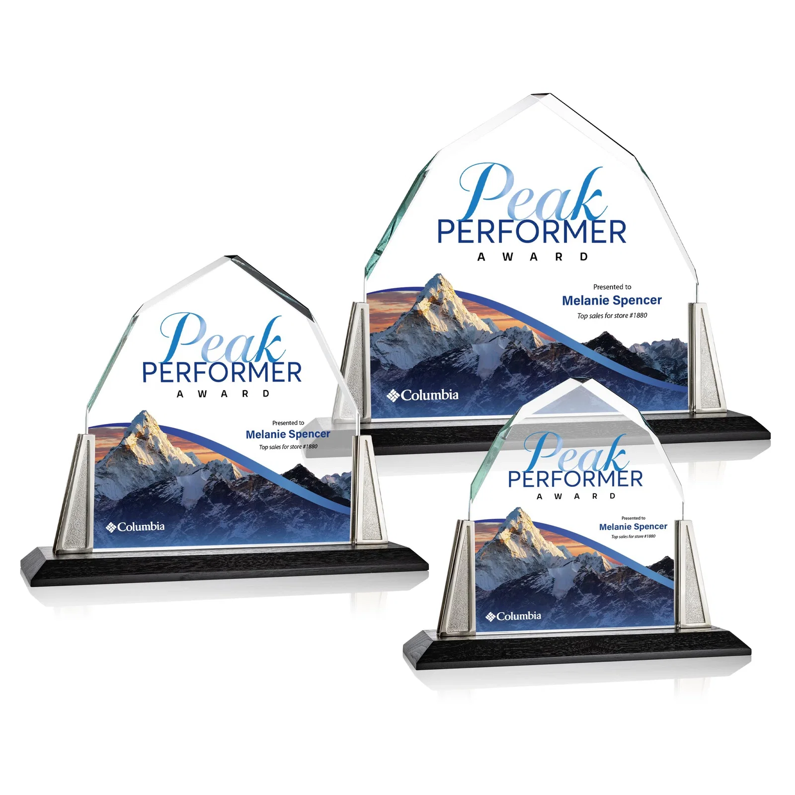 Personalized Peaked Starfire Crystal Award with Pewter Angle Posts, metal awards for corporate award ceremonies