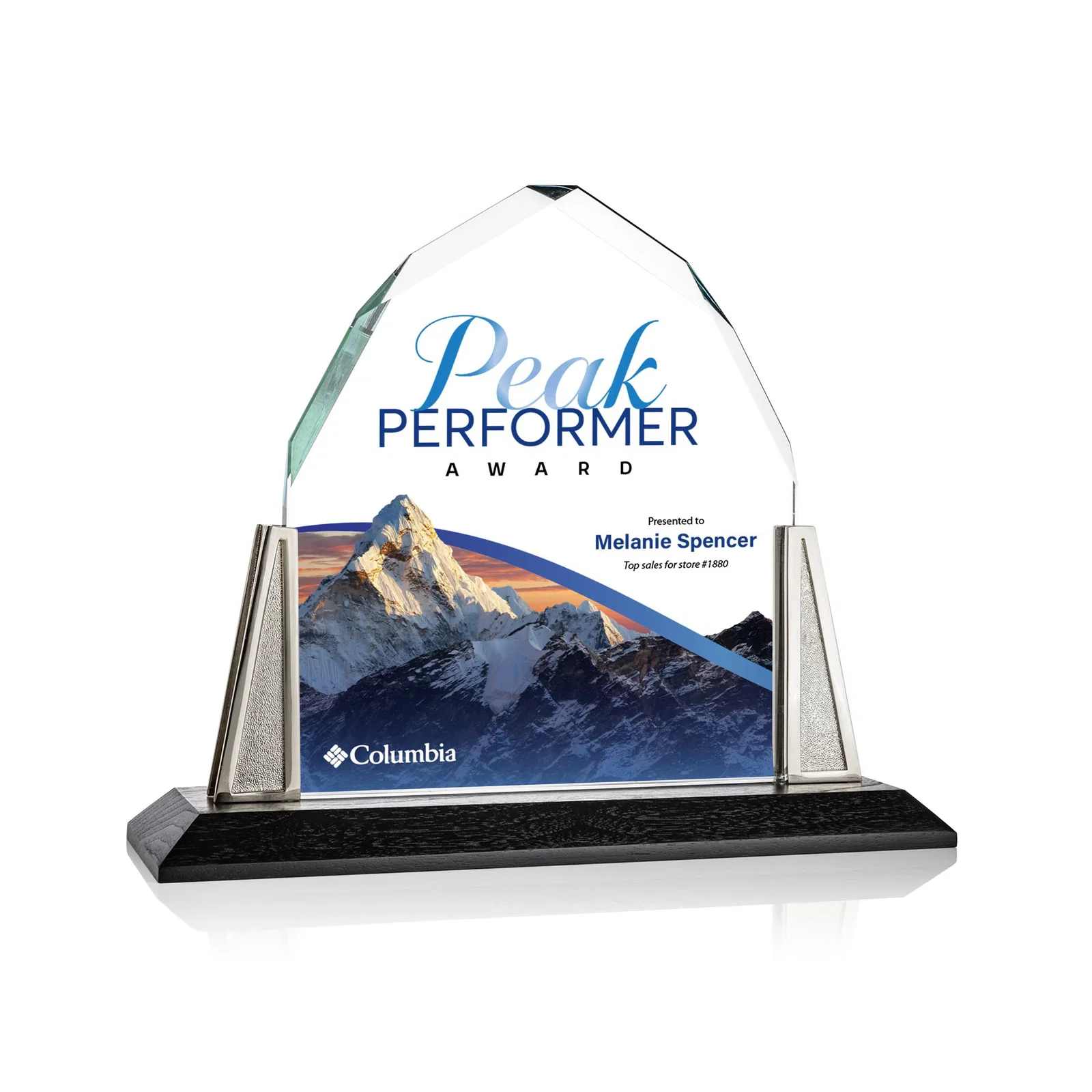 Personalized Peaked Starfire Crystal Award with Pewter Angle Posts, metal awards for service anniversary gifts