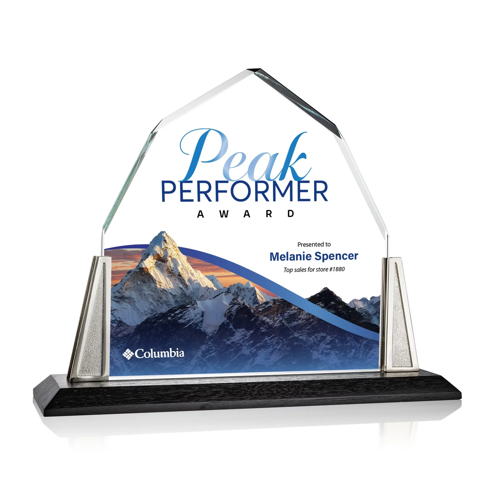 Personalized Peaked Starfire Crystal Award with Pewter Angle Posts, metal awards for sales achievement awards