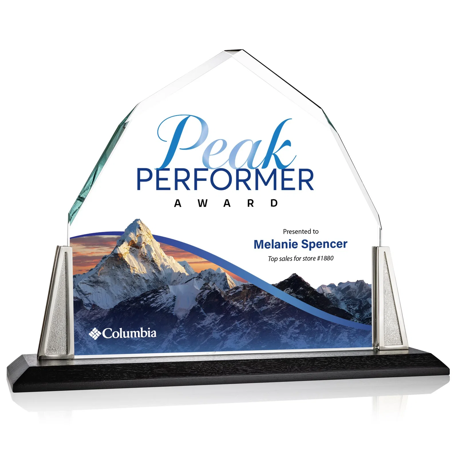 Personalized Peaked Starfire Crystal Award with Pewter Angle Posts, metal awards for retirement presentations