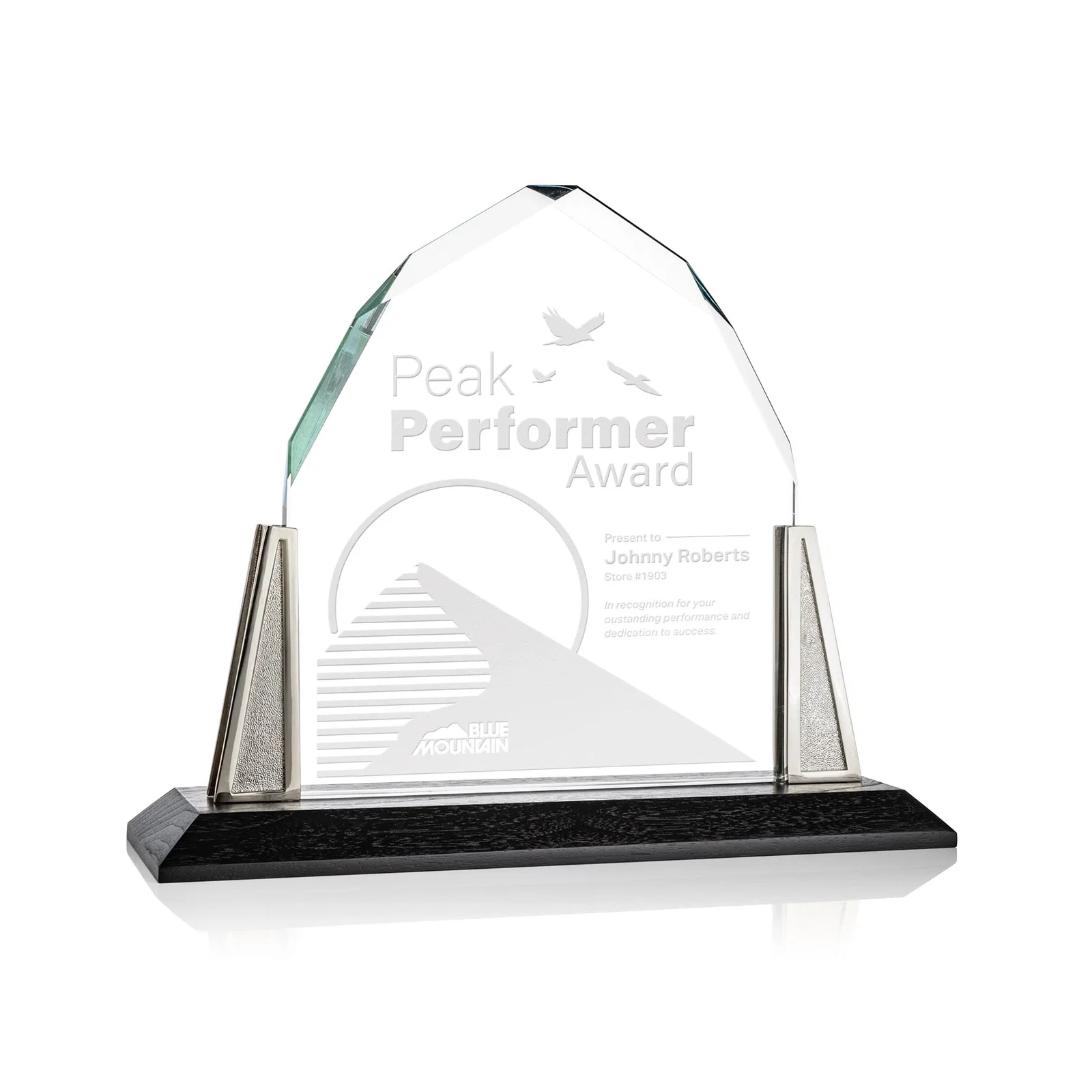 Custom Peaked Starfire Crystal Award with Pewter Angle Posts, metal awards for corporate award ceremonies