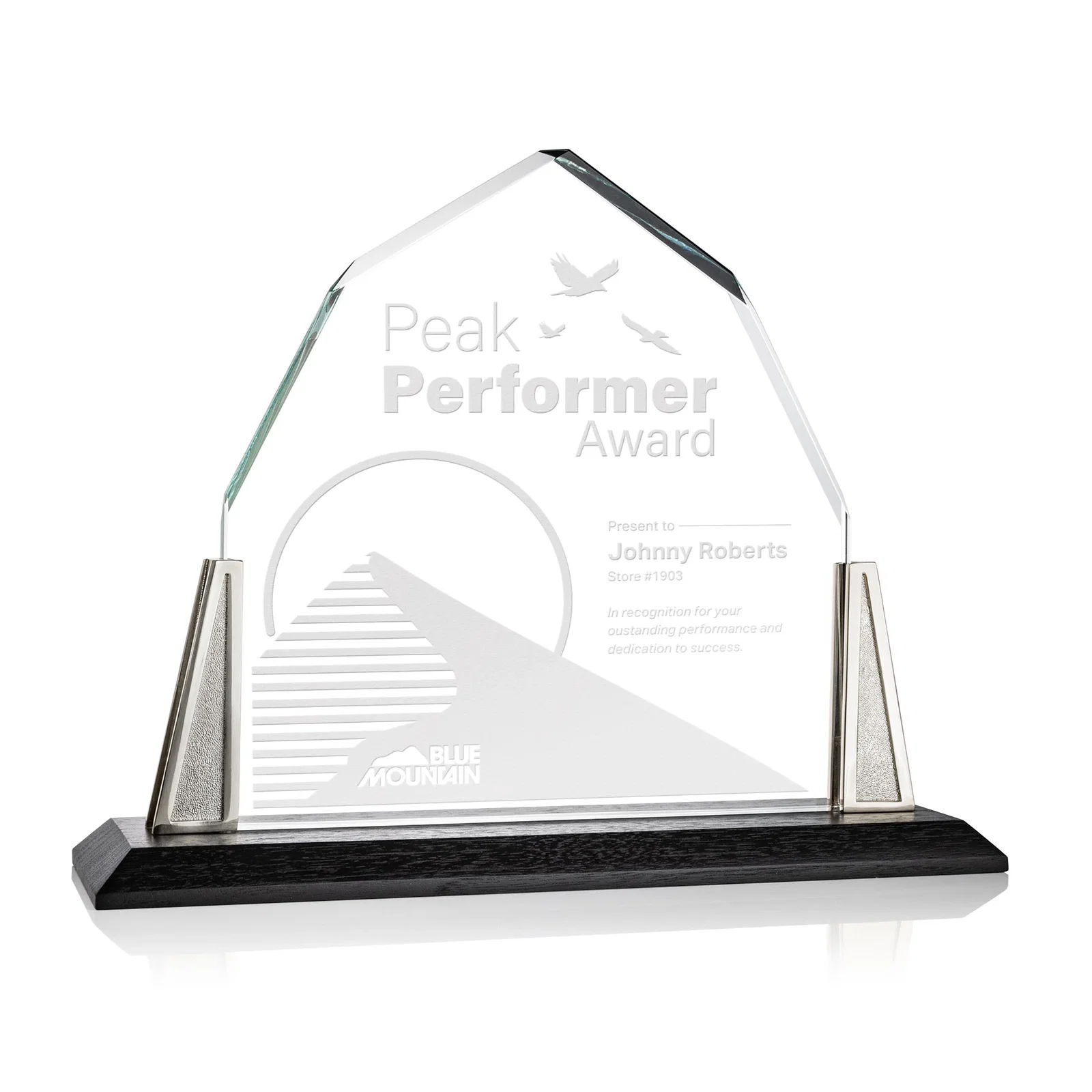 Custom Peaked Starfire Crystal Award with Pewter Angle Posts, metal awards for service anniversary gifts