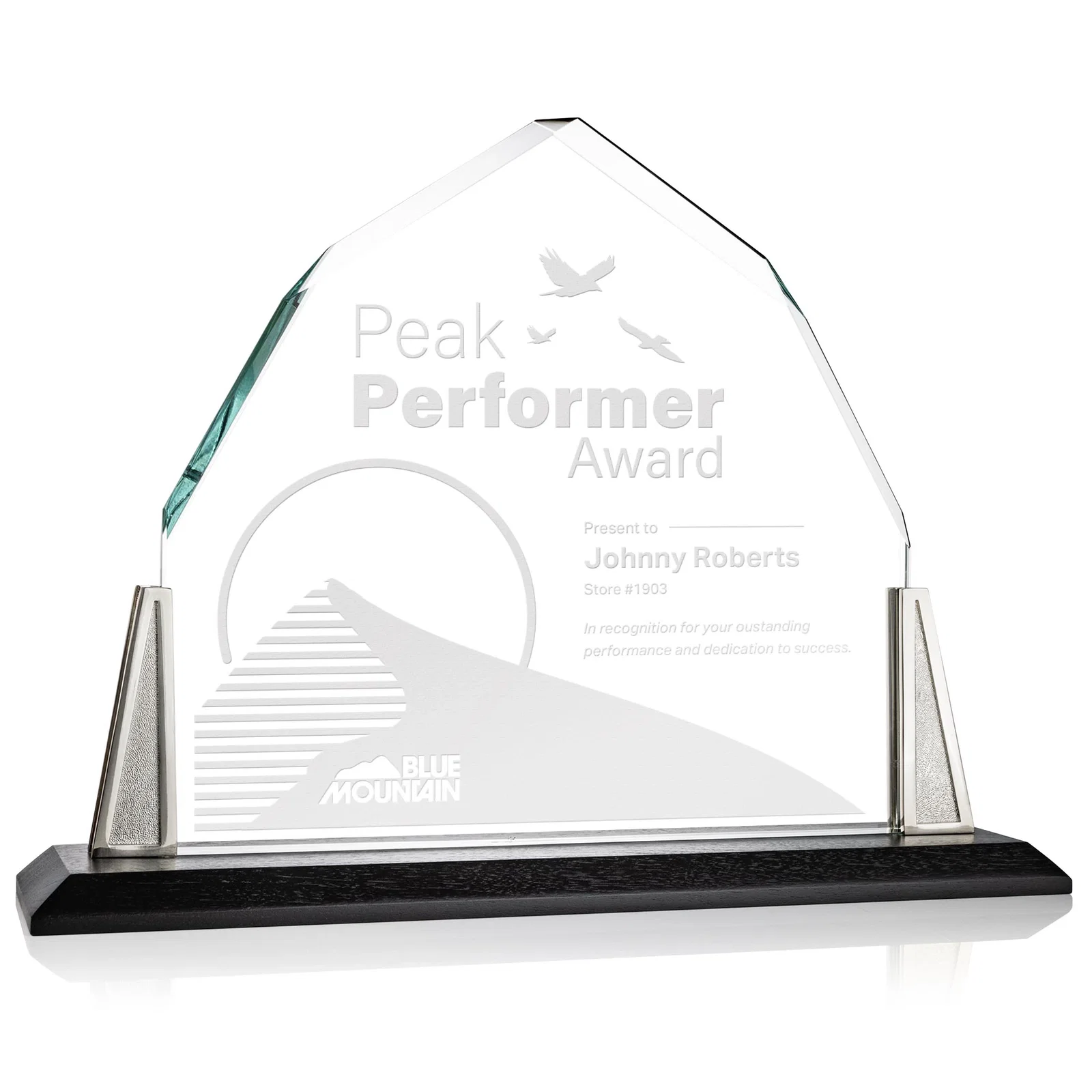 Custom Peaked Starfire Crystal Award with Pewter Angle Posts, metal awards for sales achievement awards