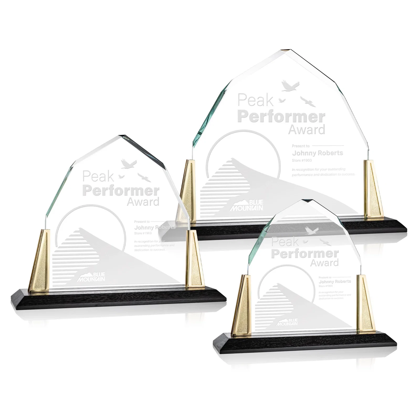 Custom Peaked Starfire Crystal Award with Pewter Angle Posts, metal awards for team milestone celebrations