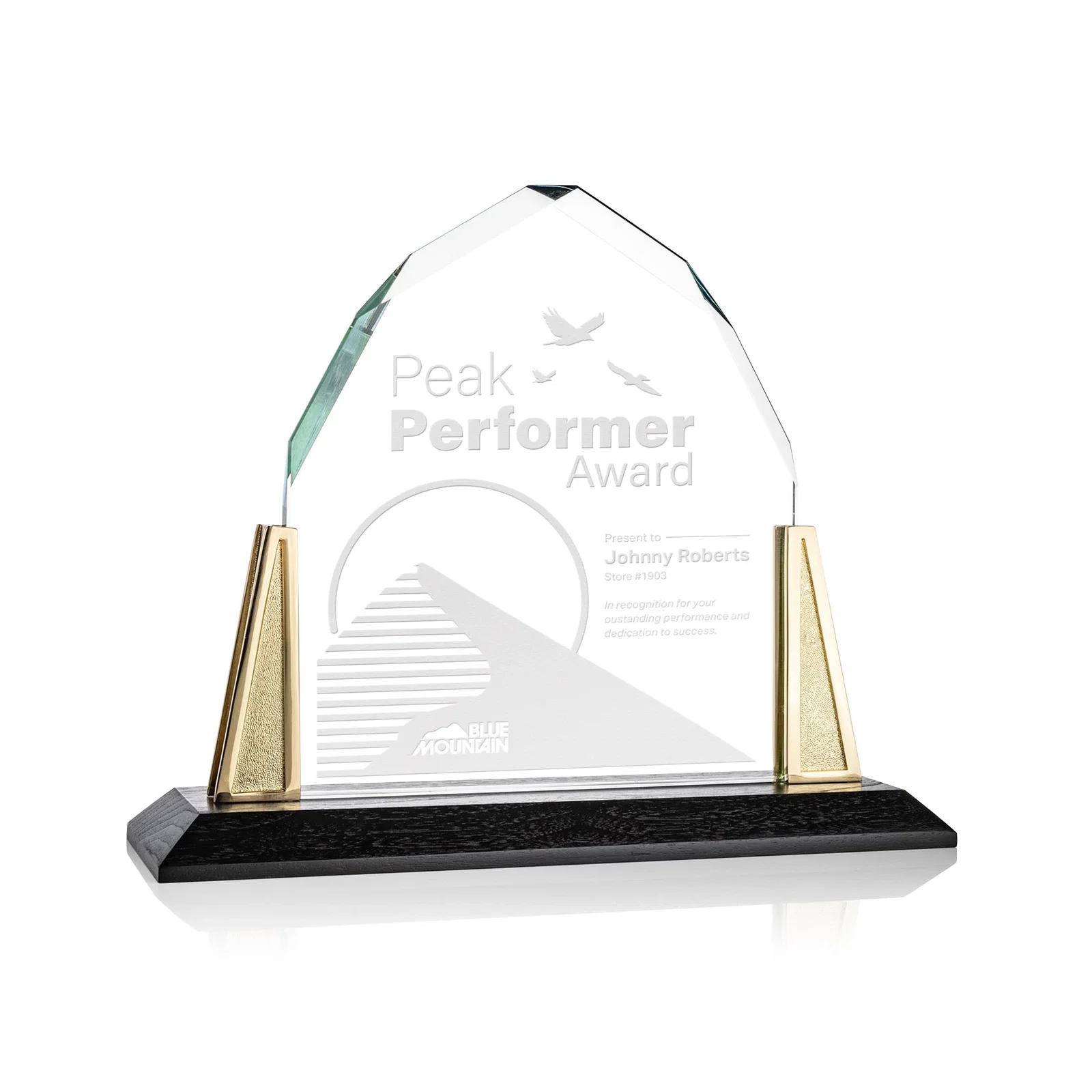 Custom Peaked Starfire Crystal Award with Pewter Angle Posts, metal awards for donor appreciation