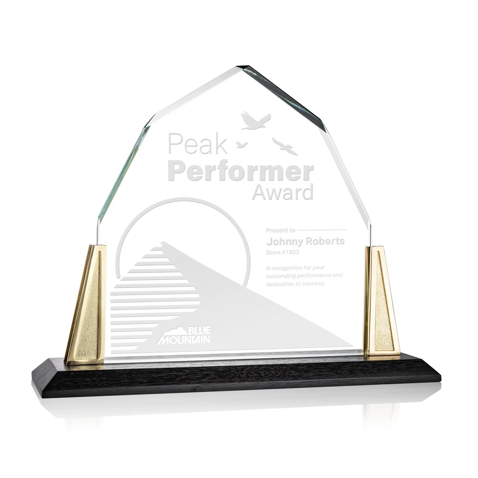 Custom Peaked Starfire Crystal Award with Pewter Angle Posts, metal awards for graduation ceremonies