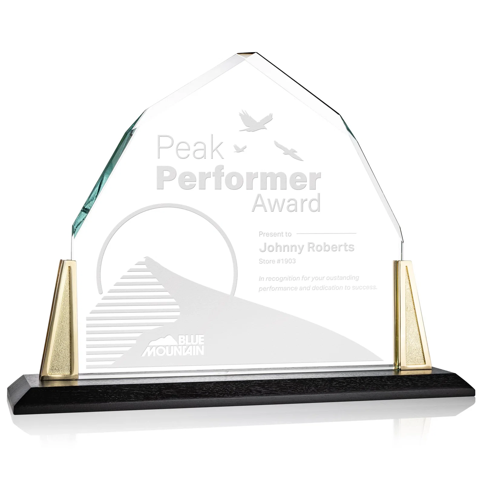 Custom Peaked Starfire Crystal Award with Pewter Angle Posts, metal awards for safety achievement programs