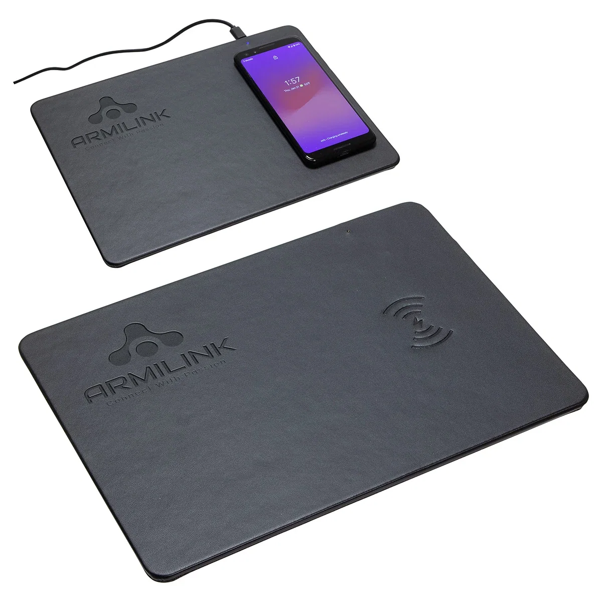 Custom Avalon II mouse pad with 15W wireless charger, front view of the branded charging pad