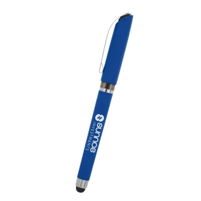 Soft touch gel pen with a stylus tip, just under six inches