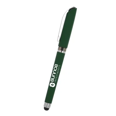 Gray pen angled to reveal the rubberized stylus end