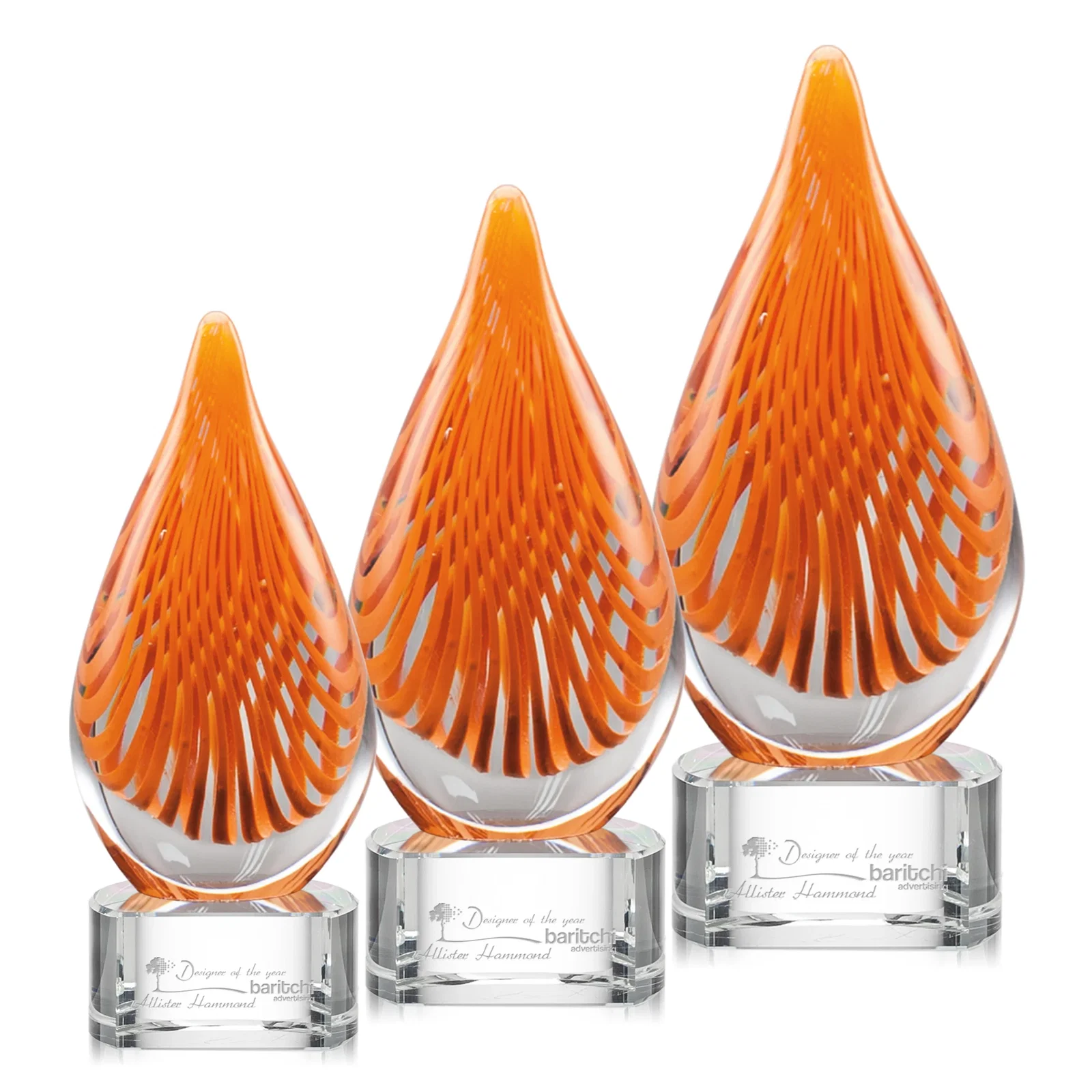 Custom Orange Glass Abstract Flame Award on Optical Base for employee recognition