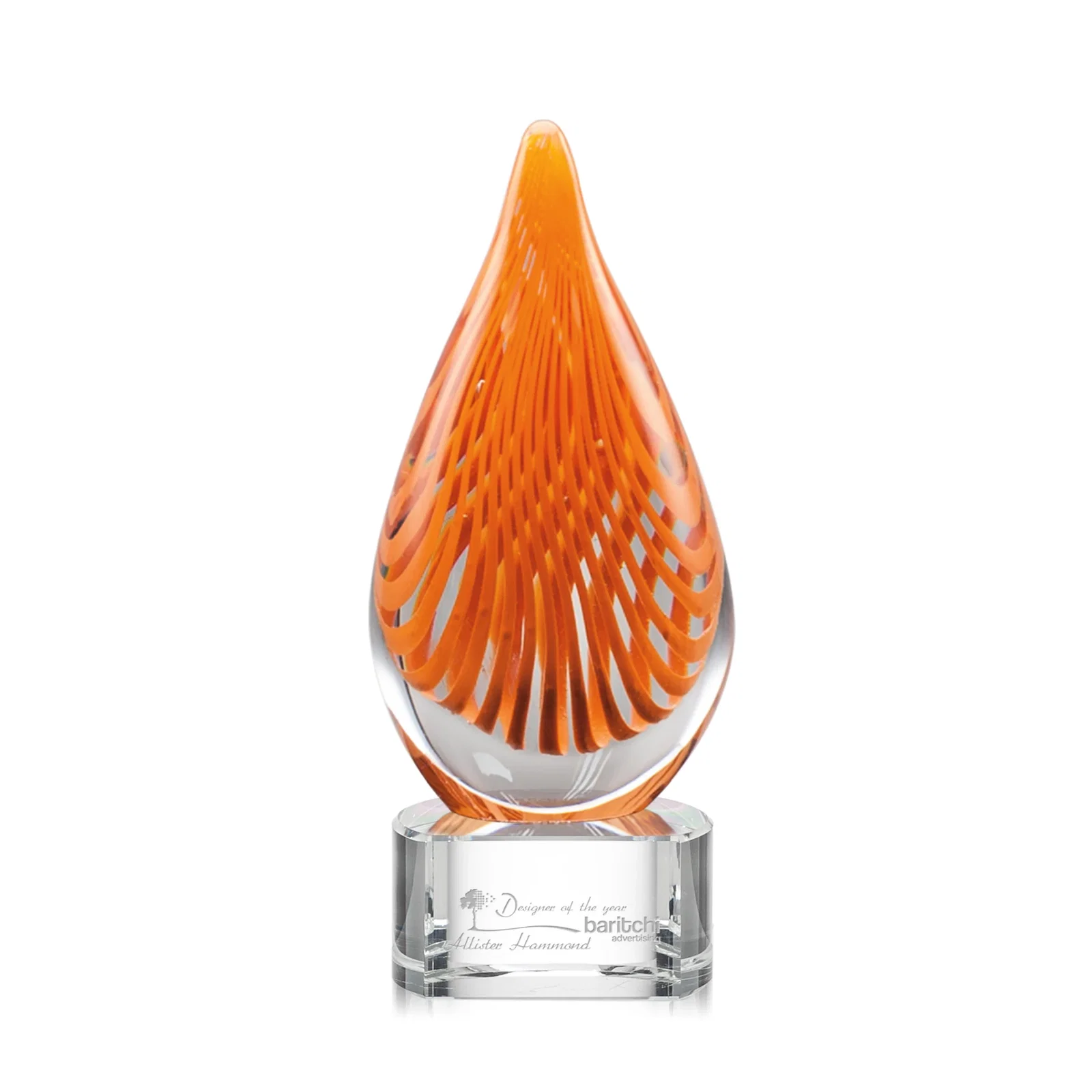 Custom Orange Glass Abstract Flame Award on Optical Base for corporate award ceremonies