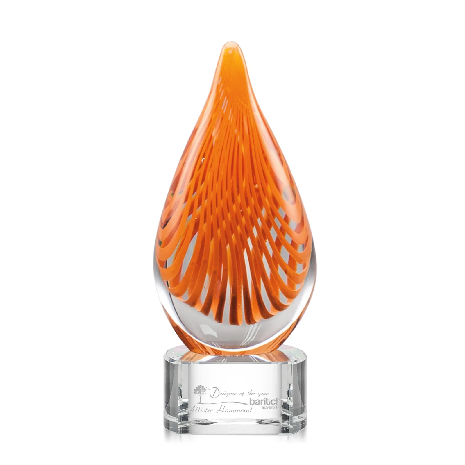 Custom Orange Glass Abstract Flame Award on Optical Base for service anniversary gifts