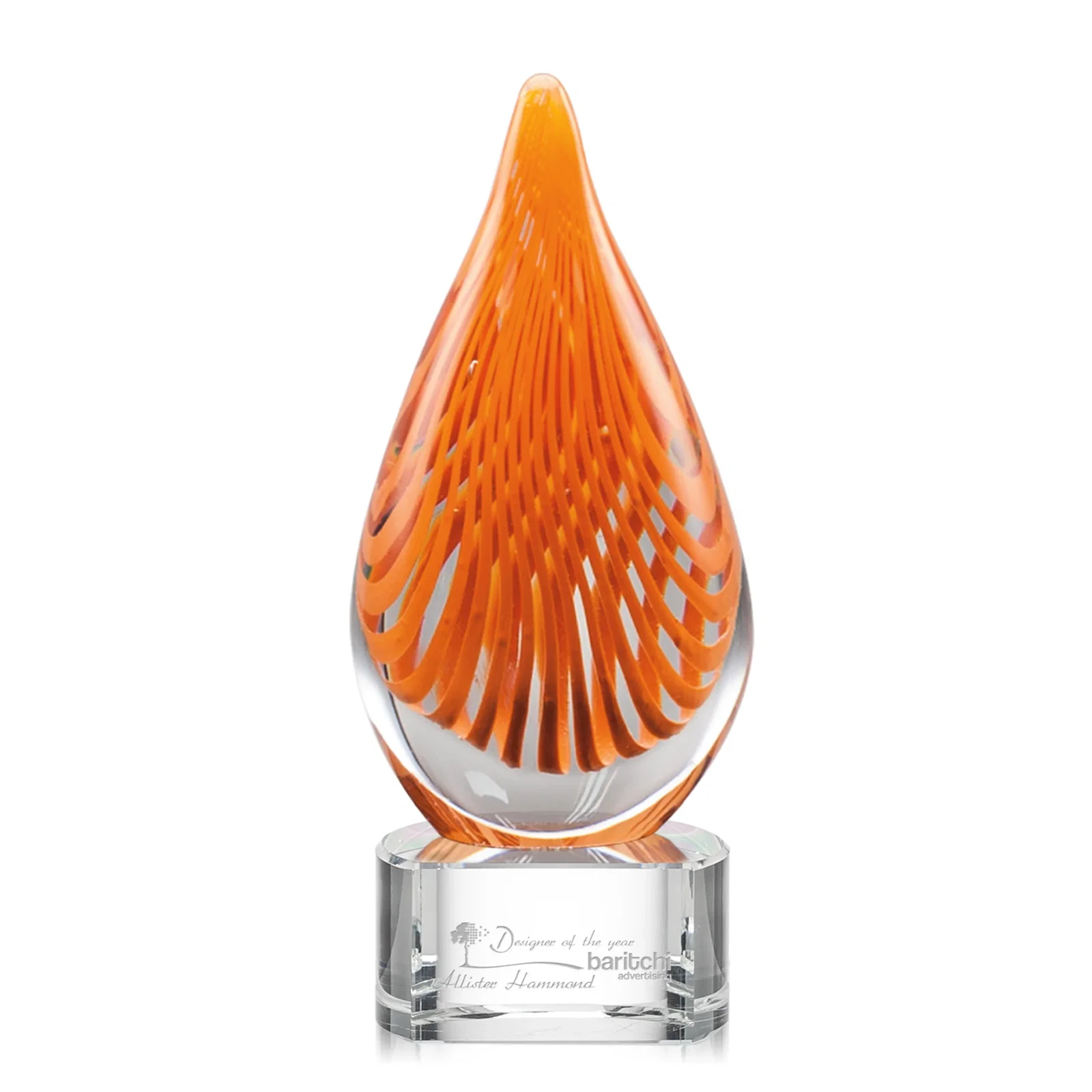 Custom Orange Glass Abstract Flame Award on Optical Base for sales achievement awards