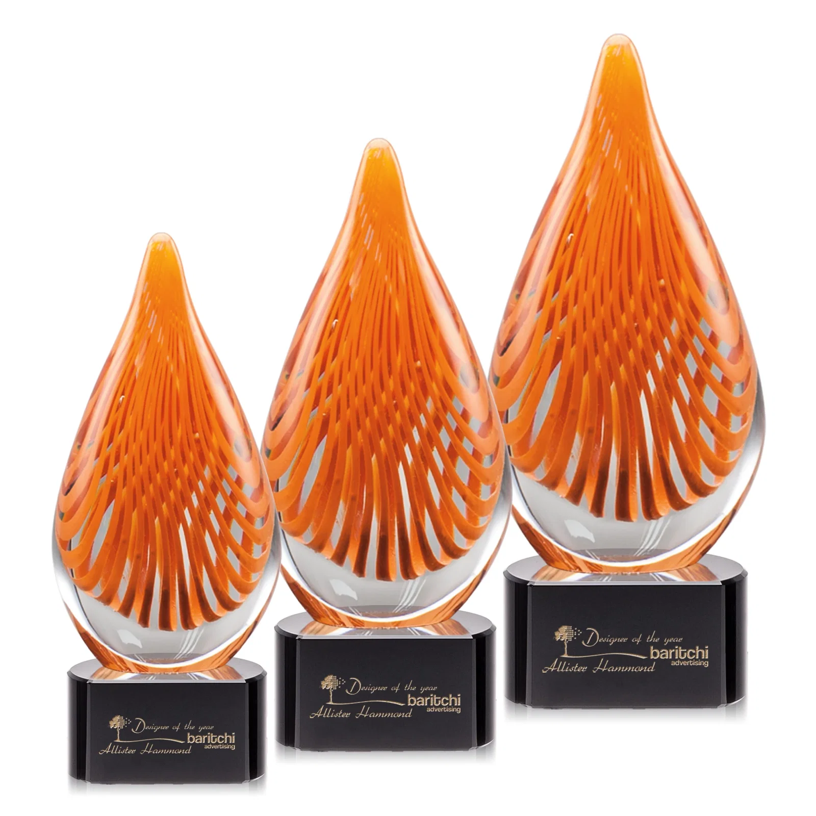 Custom Orange Glass Abstract Flame Award on Optical Base for retirement presentations