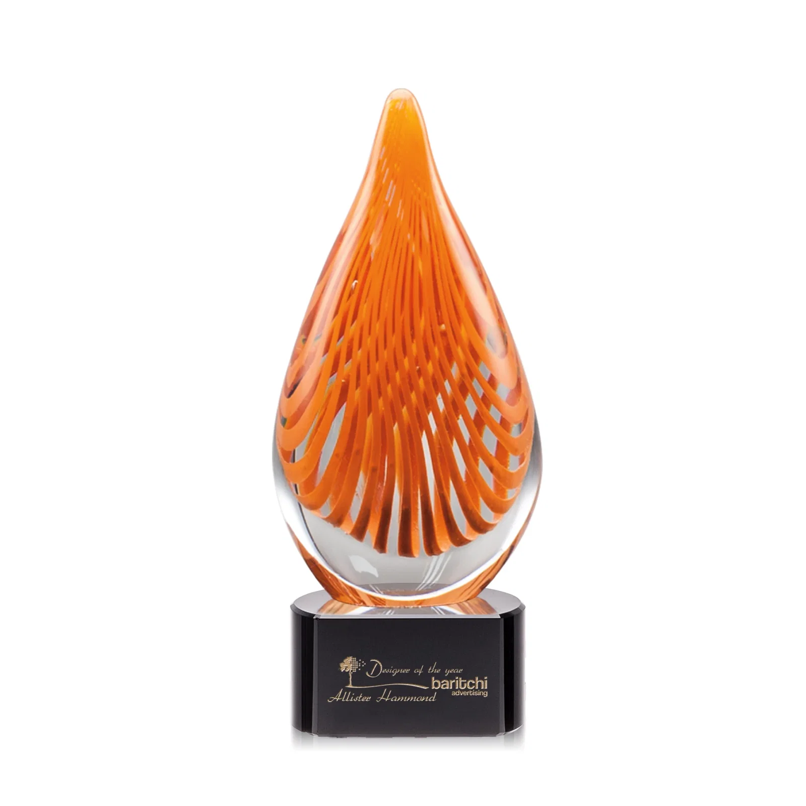 Custom Orange Glass Abstract Flame Award on Optical Base for team milestone celebrations