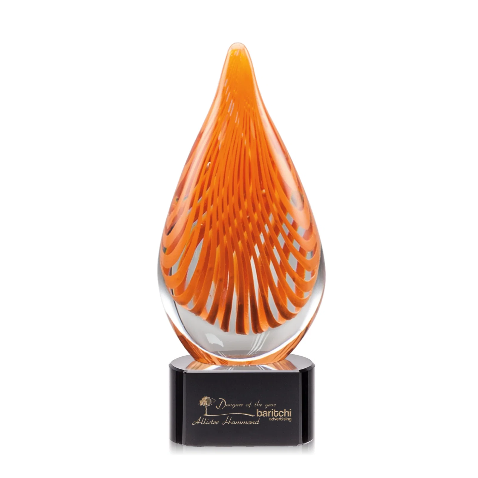 Custom Orange Glass Abstract Flame Award on Optical Base for donor appreciation