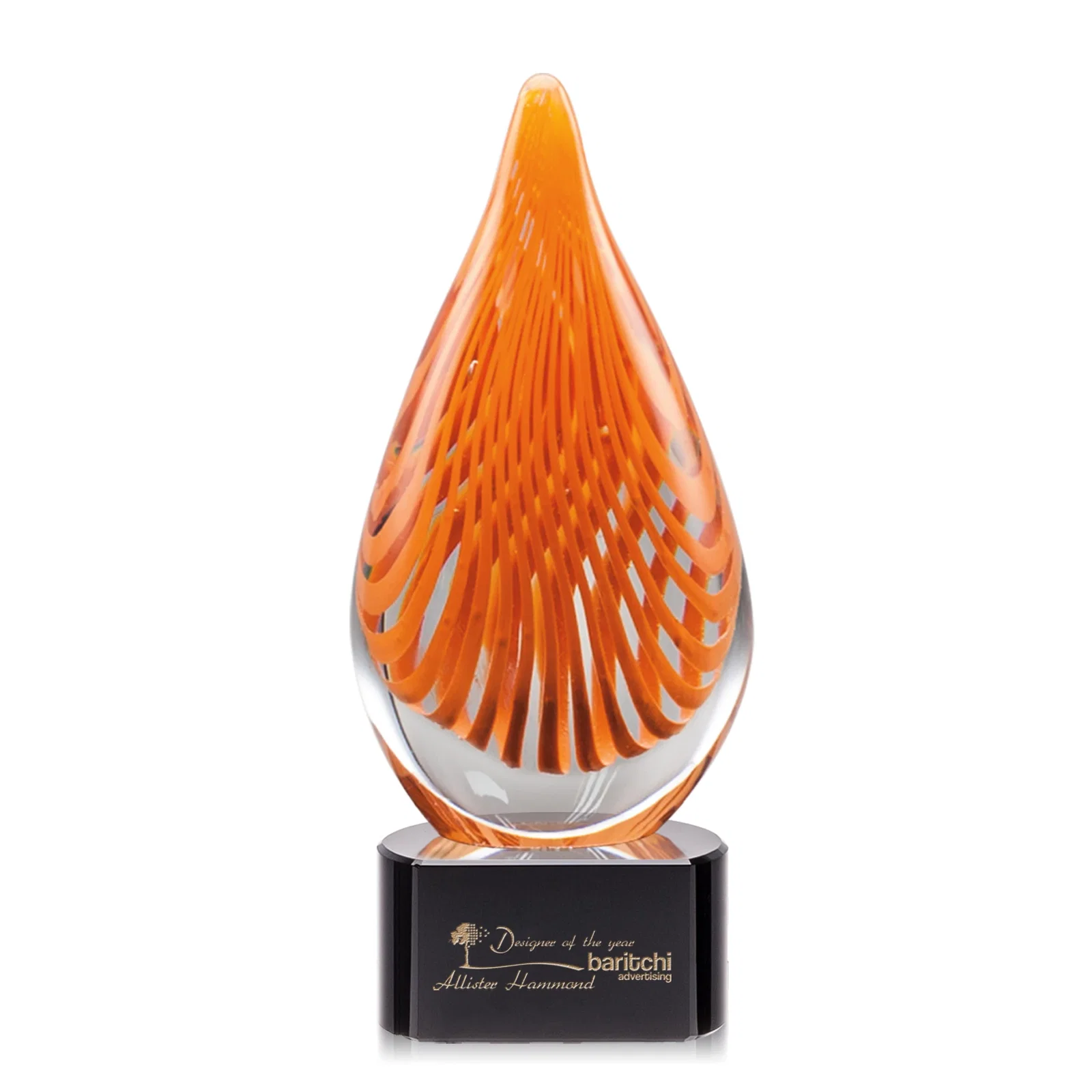 Custom Orange Glass Abstract Flame Award on Optical Base for graduation ceremonies