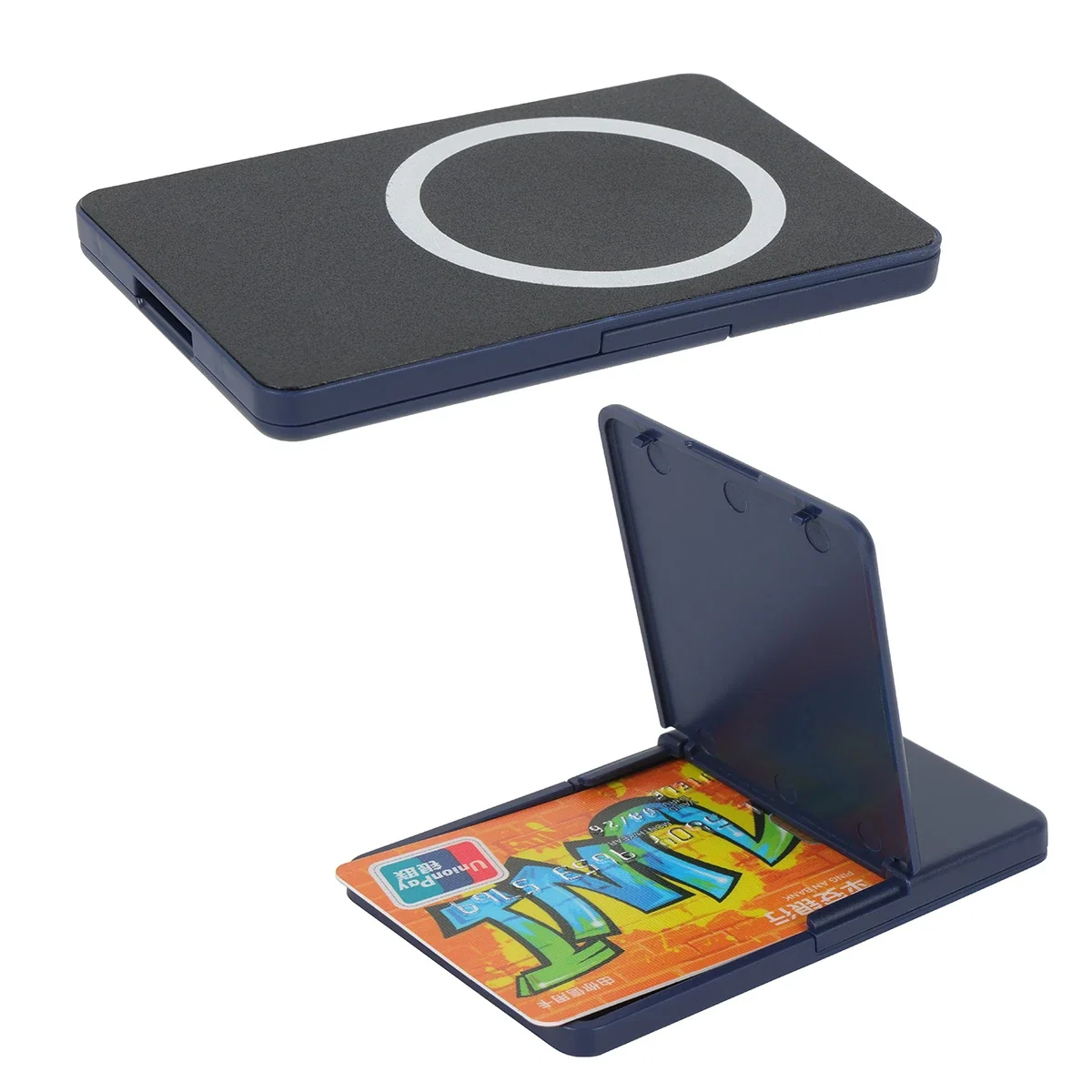 Close-up of the Avenue Magnetic Phone Wallet & Stand's card slots and imprint area