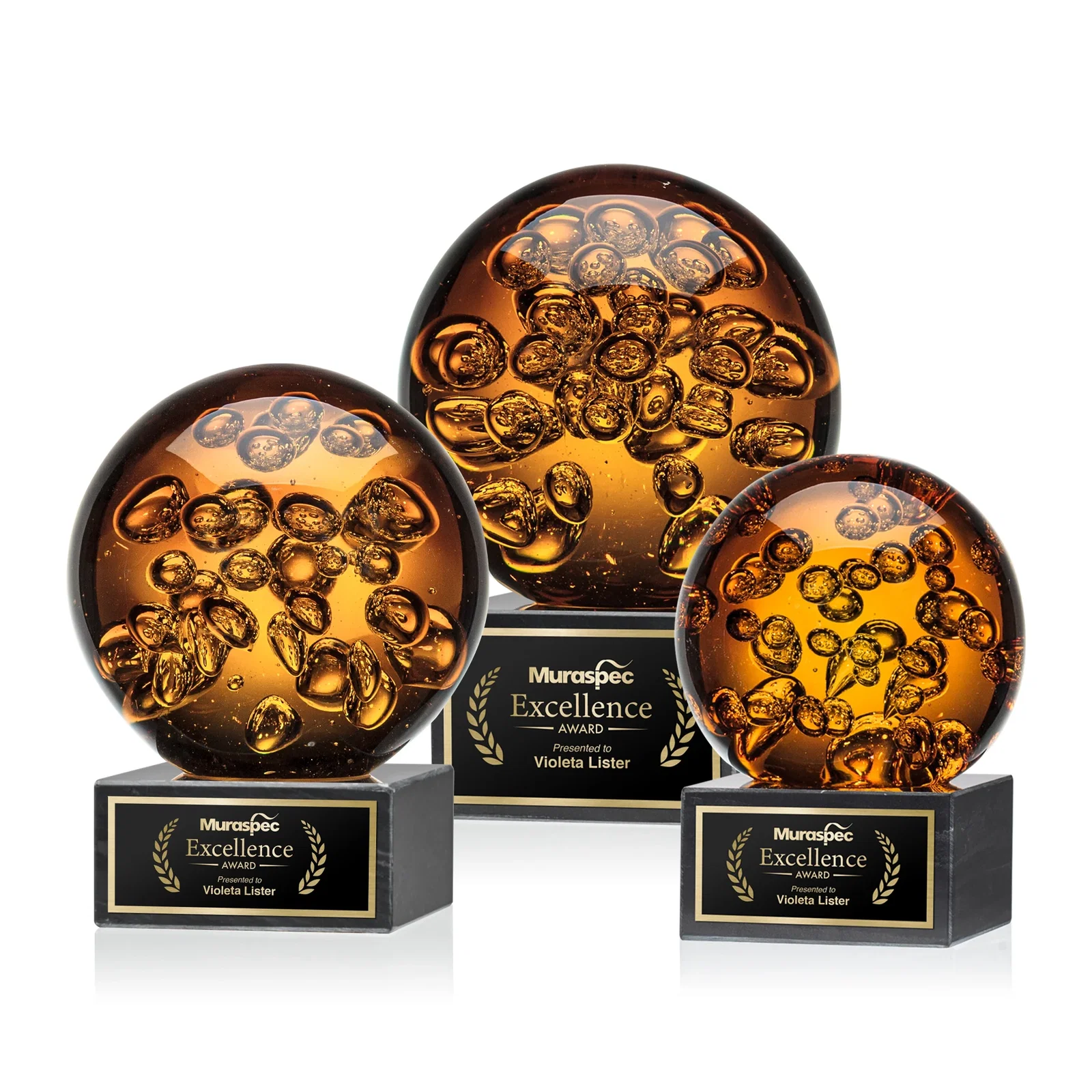 Custom Amber Glass Sphere Award with Trapped Air Bubbles, marble for employee recognition