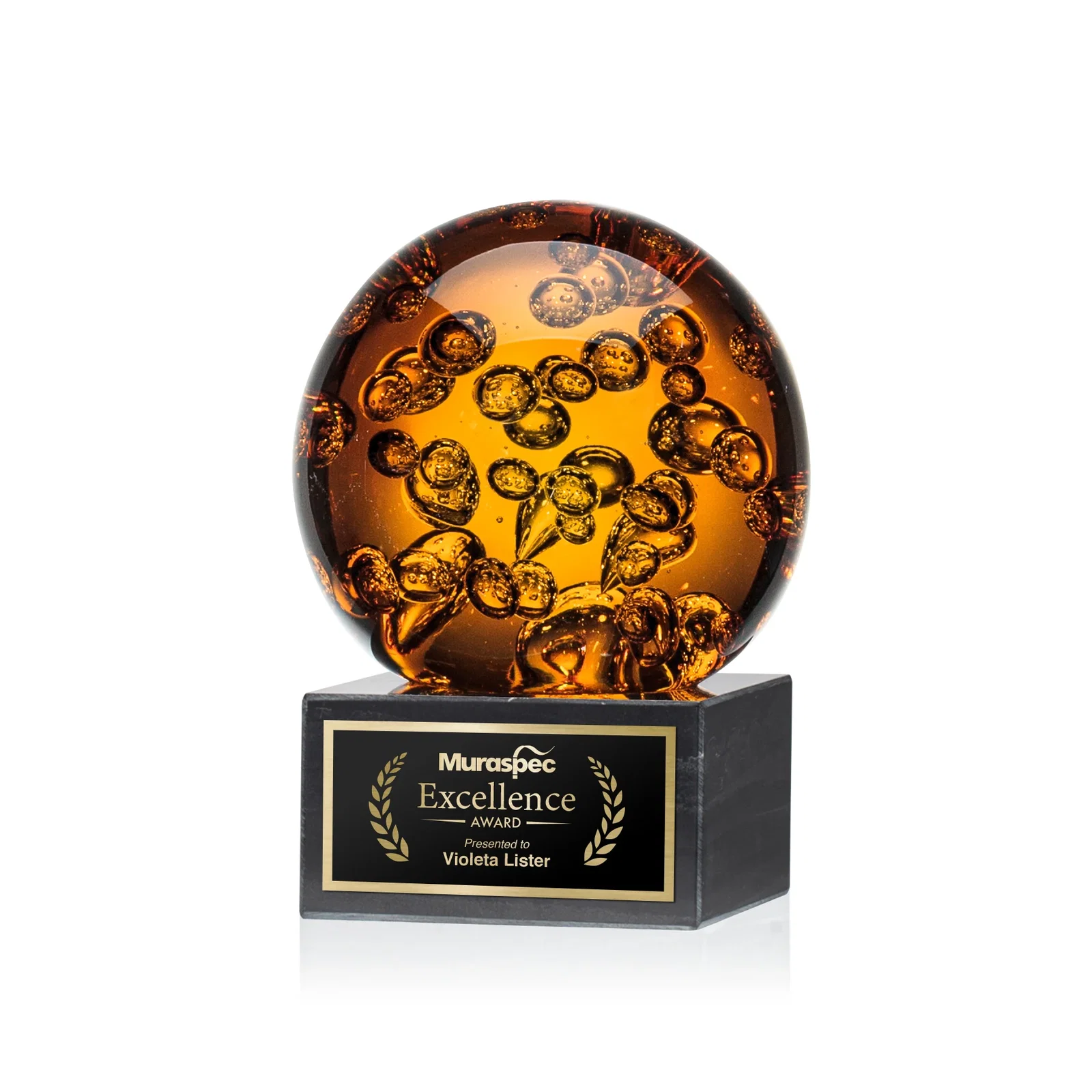 Custom Amber Glass Sphere Award with Trapped Air Bubbles, marble for corporate award ceremonies