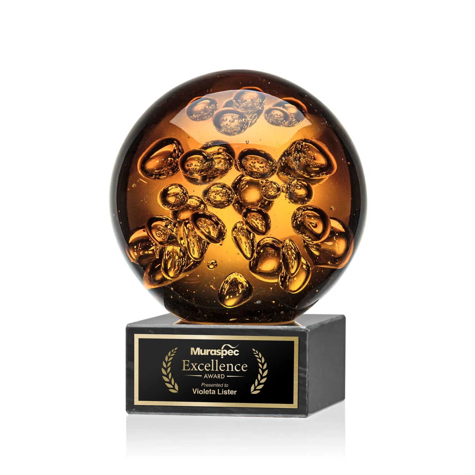 Custom Amber Glass Sphere Award with Trapped Air Bubbles, marble for service anniversary gifts