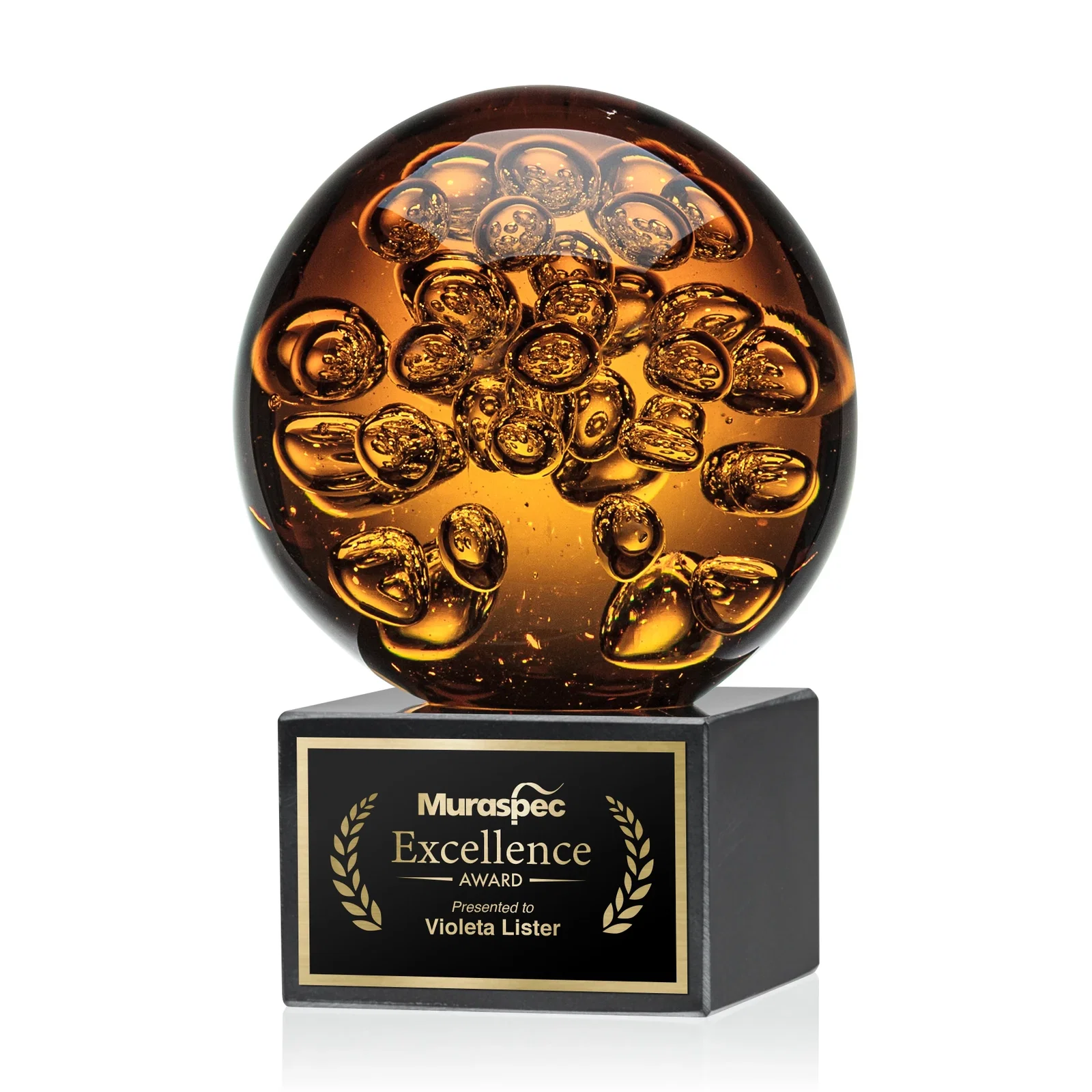 Custom Amber Glass Sphere Award with Trapped Air Bubbles, marble for sales achievement awards