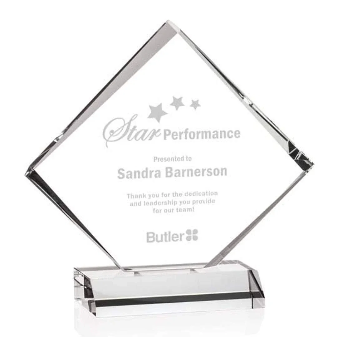 Custom Starfire Crystal Diamond Award on Black Crystal Block Base for employee recognition