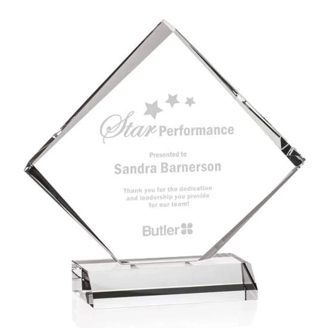 Custom Starfire Crystal Diamond Award on Black Crystal Block Base for corporate award ceremonies