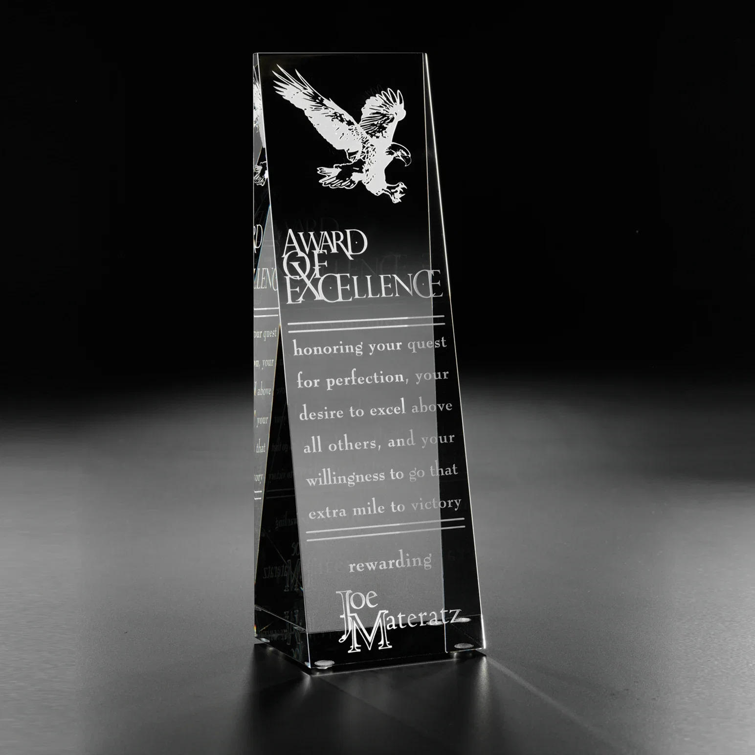 Custom Optical Crystal Tower Award with Etched Eagle in Flight for employee recognition