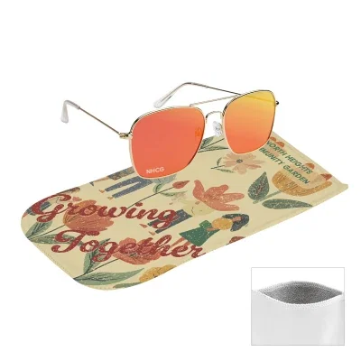 Aviator sunglasses with mirrored lenses beside a recycled microfiber pouch