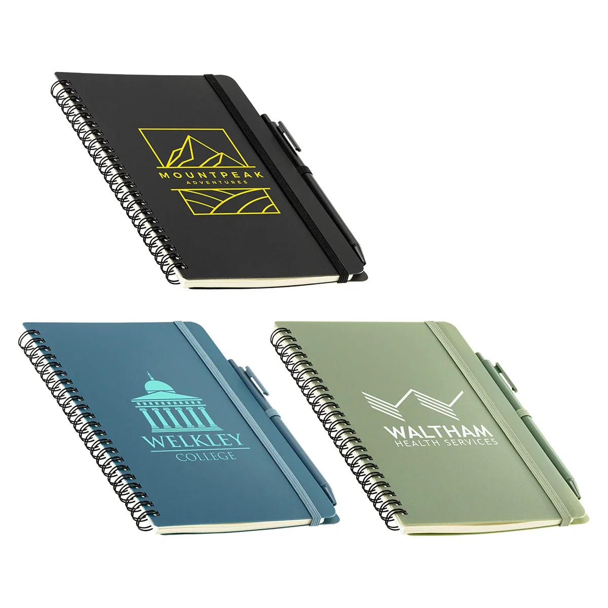 Custom Avignon Repreve Recycled Hardcover Spiral Notebook, front view with pen