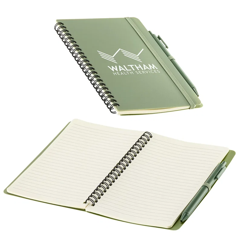 Close-up of the Avignon notebook's spiral binding and recycled cover