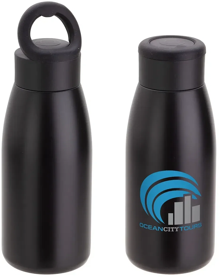 Avion promotional copper-coated steel water bottle, angled view of insulated 12 oz body