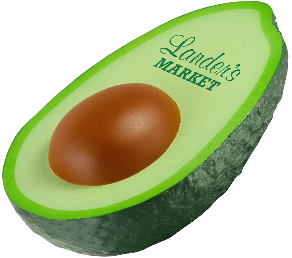 Avocado Stress Reliever, a promotional custom squeeze toy shaped like a ripe avocado with a printable logo pit