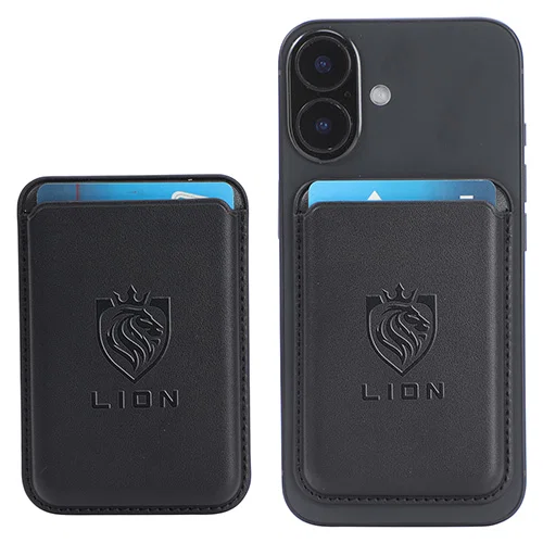 Avon promotional logo MagSafe phone wallet holding three cards, side view
