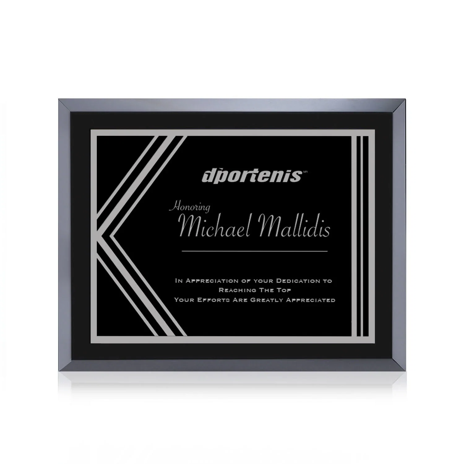 Custom Black Glass Wall Plaque With Black-and-Silver Metal Plate for service anniversary gifts