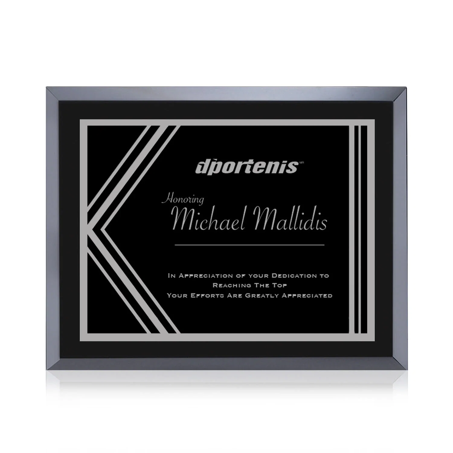 Custom Black Glass Wall Plaque With Black-and-Silver Metal Plate for retirement presentations