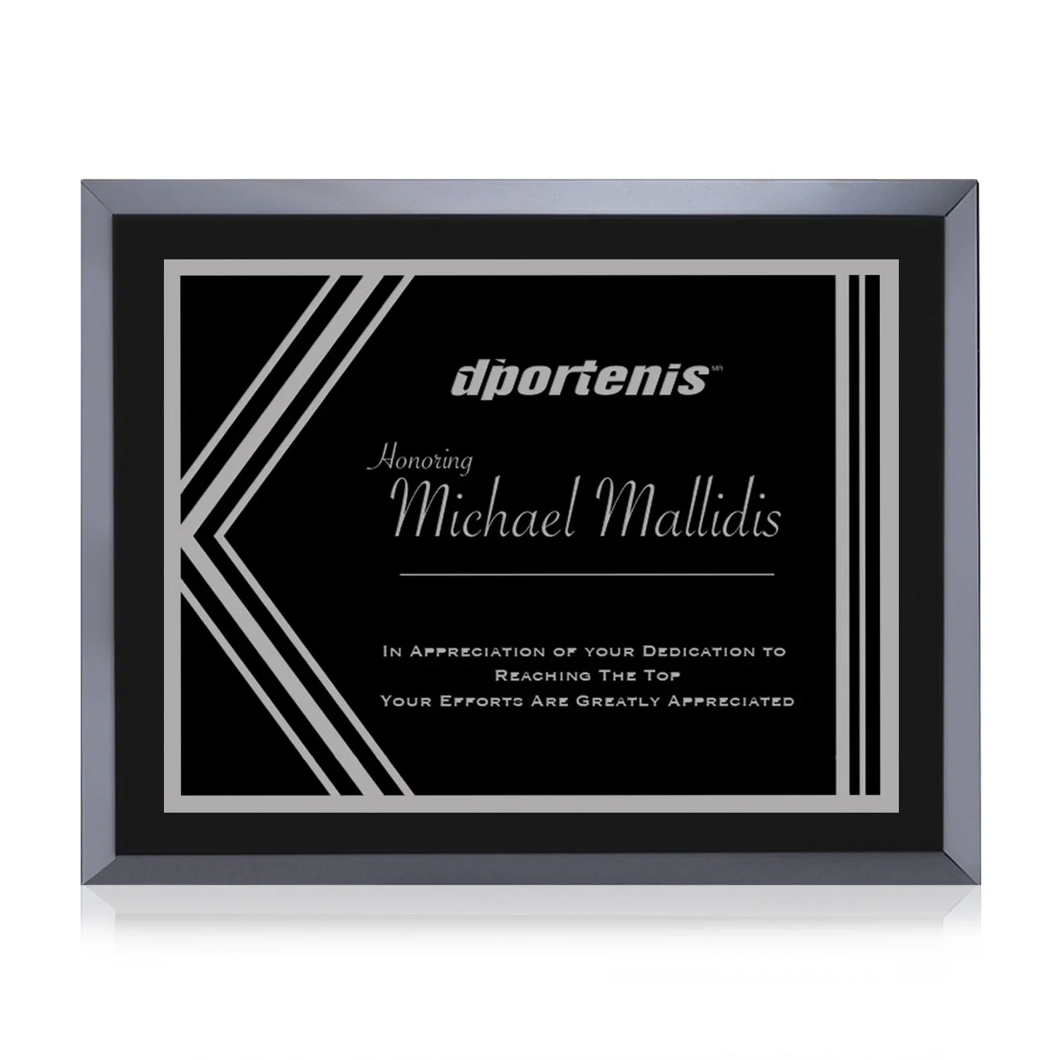 Custom Black Glass Wall Plaque With Black-and-Silver Metal Plate for donor appreciation