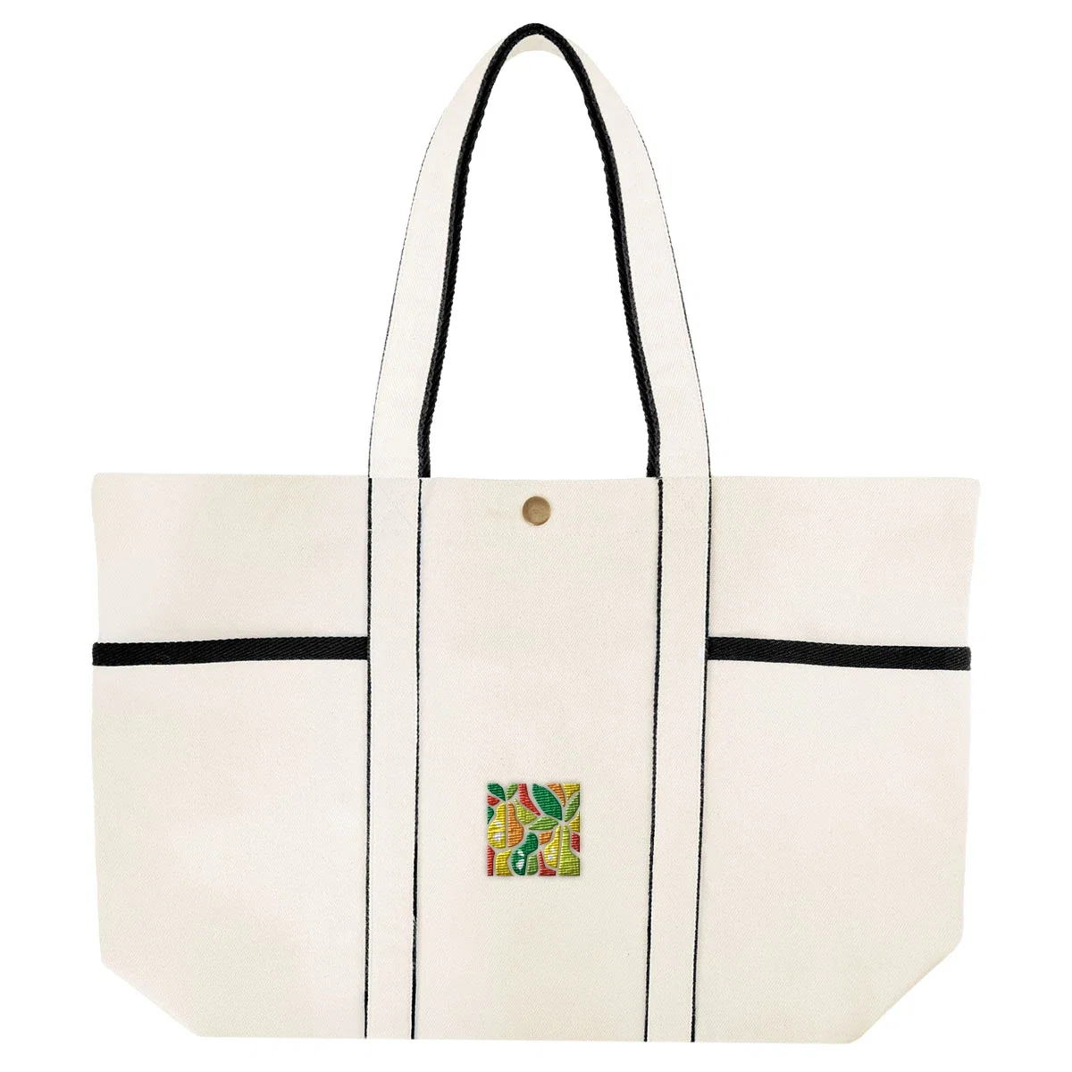 Tote carried by hand while walking through a shop