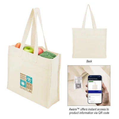 Natural recycled cotton tote bag standing upright with long handles