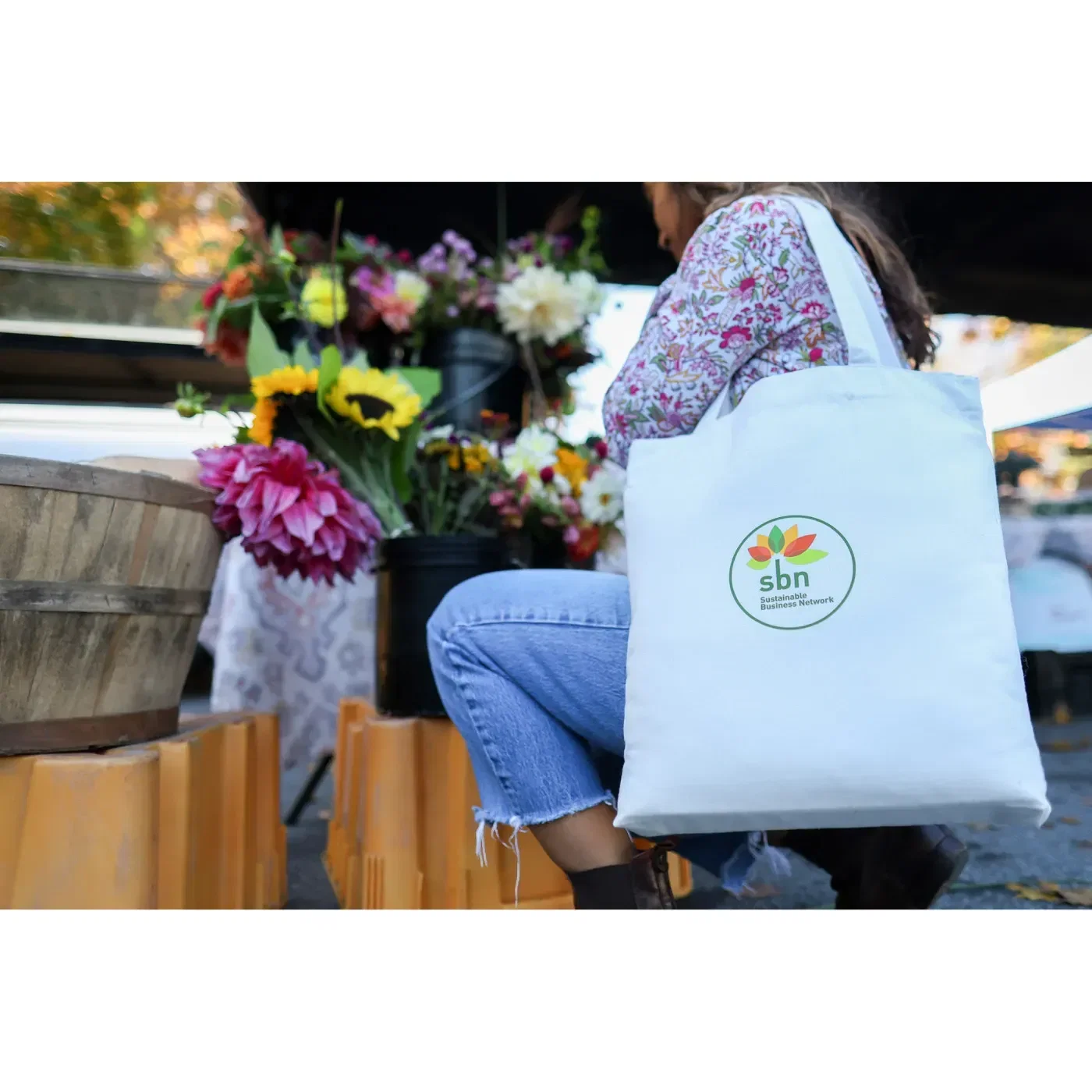 AWARE™ Recycled Cotton Gusset Bottom Tote held in hand