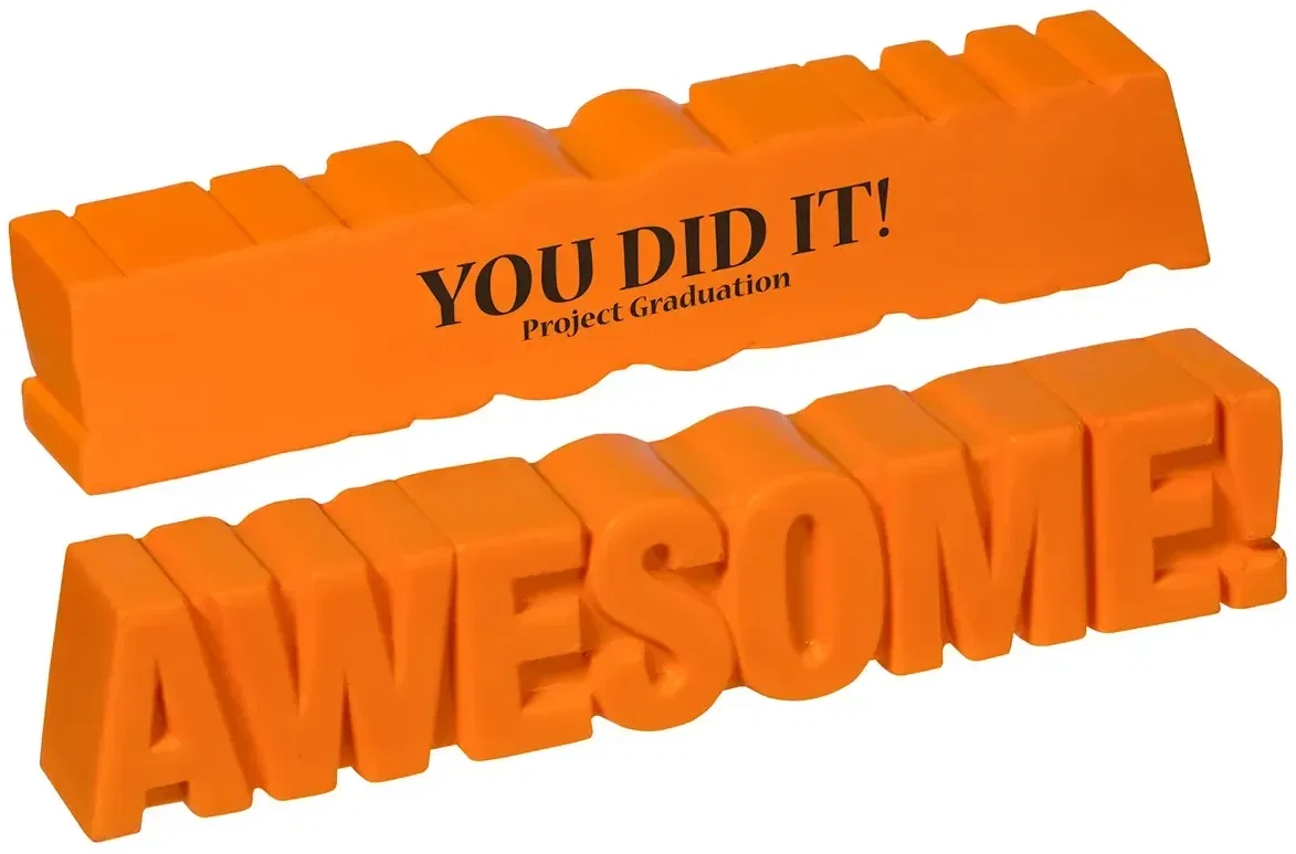 Custom Awesome Word Stress Reliever, promotional foam squeeze toy spelling Awesome with logo imprint